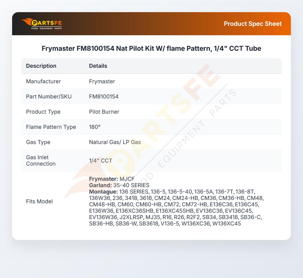 Frymaster FM8100154 Nat Pilot Kit W/ flame Pattern, 1/4" CCT Tube