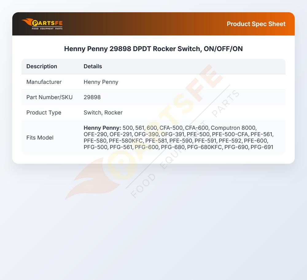 Henny Penny 29898 DPDT Rocker Switch, ON/OFF/ON