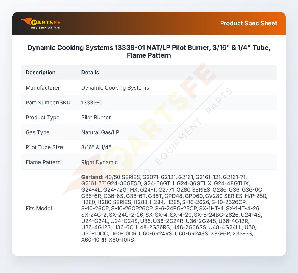 Dynamic Cooking Systems 13339-01 NAT/LP Pilot Burner, 3/16" & 1/4" Tube, Flame Pattern