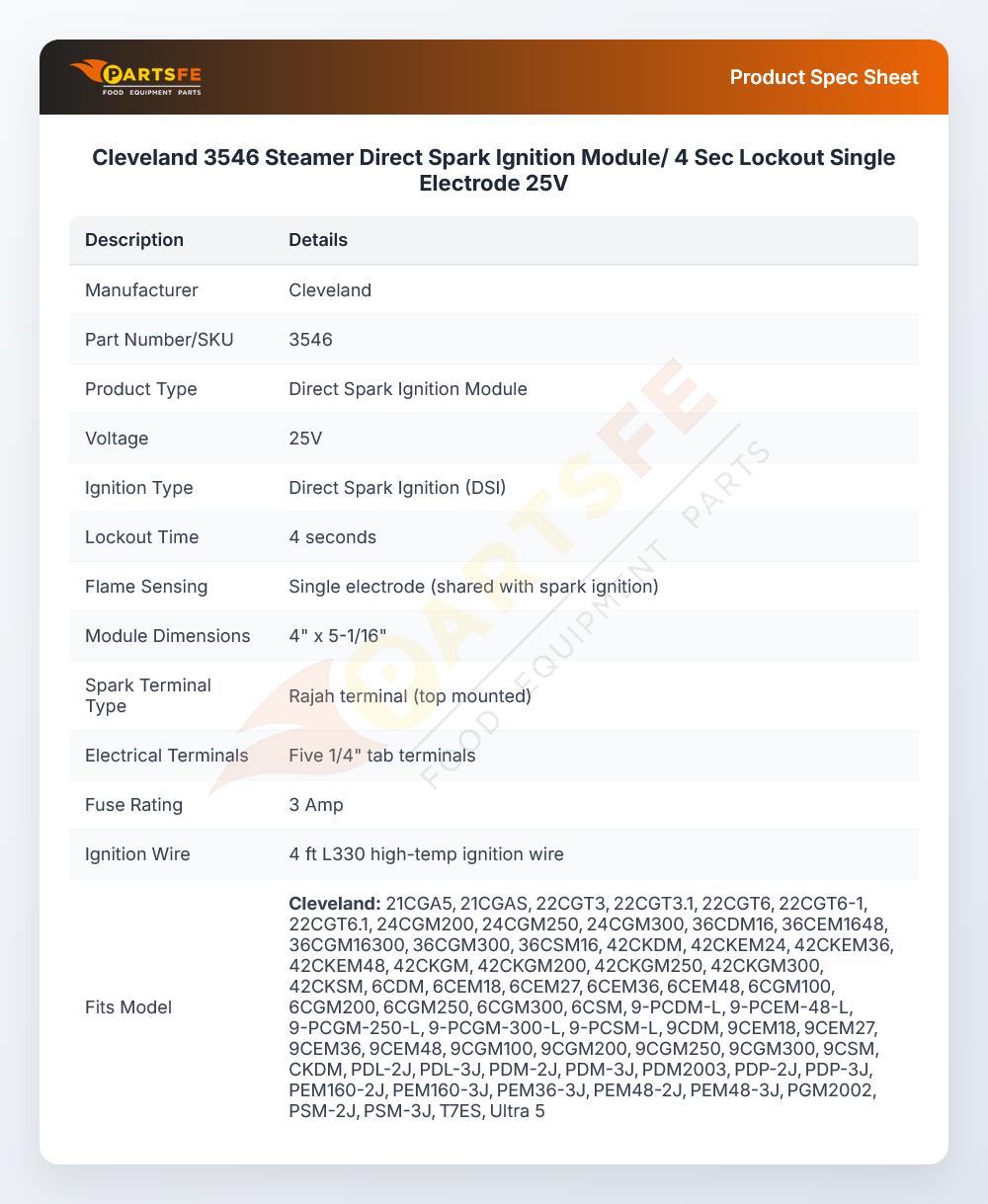 Cleveland 3546 Steamer Direct Spark Ignition Module/ 4 Sec Lockout Single Electrode  25V