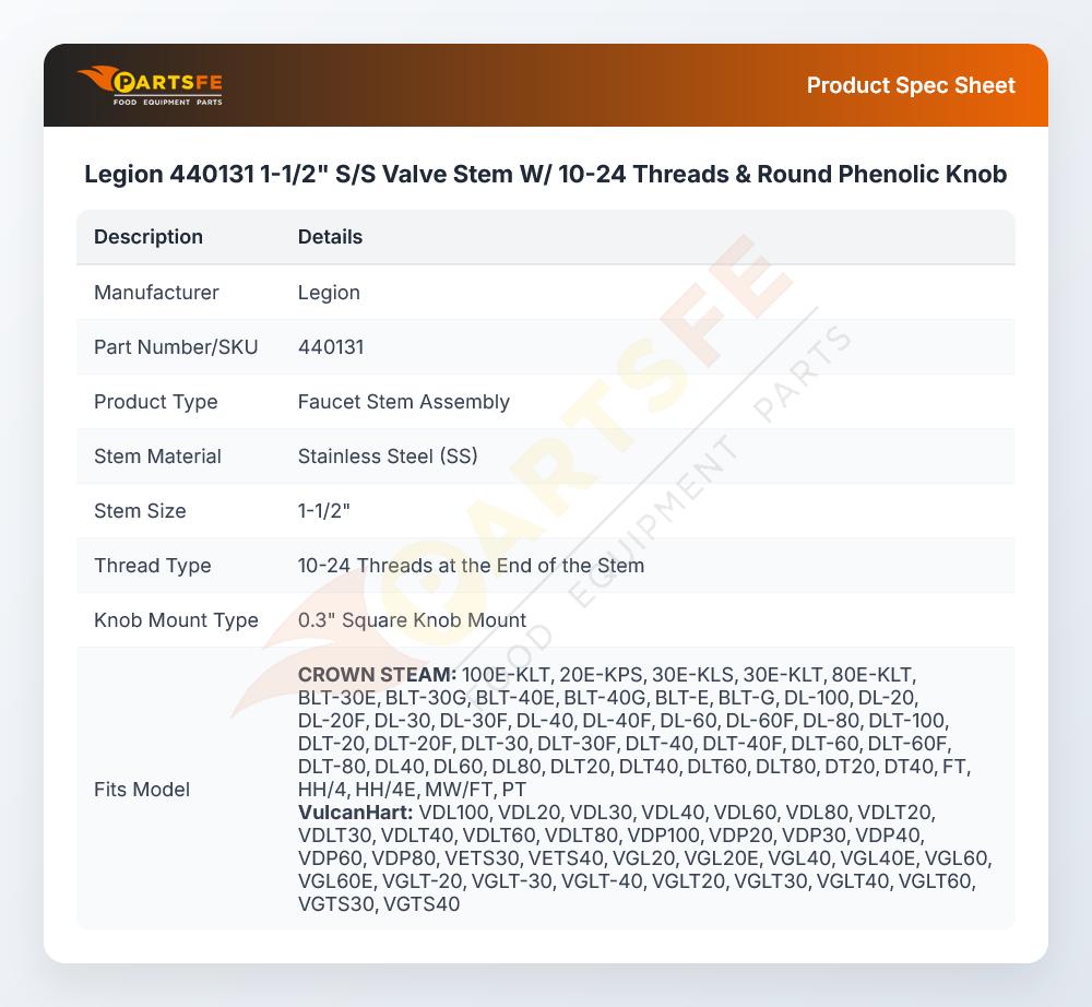 Legion 440131 Stem Valve W/10-24 Threads & Round Phenolic Knob 1-1/2" SS