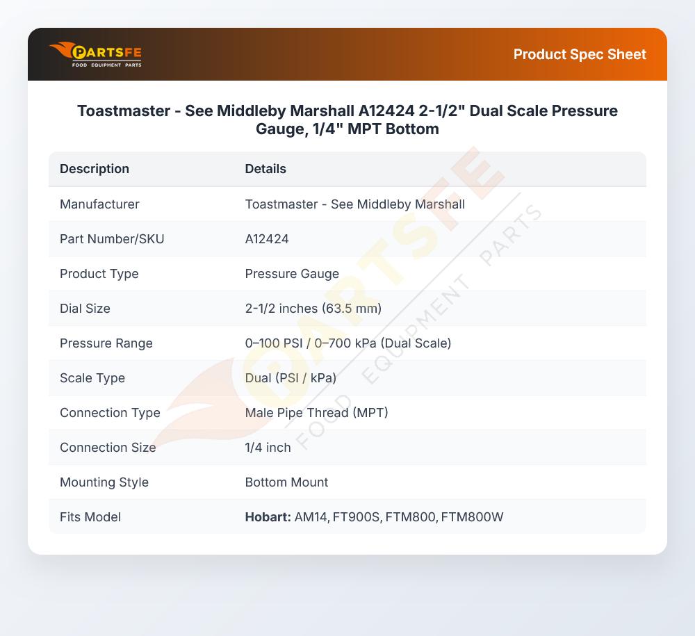 Toastmaster - See Middleby Marshall A12424 2-1/2" Dual Scale Pressure Gauge, 1/4" MPT Bottom