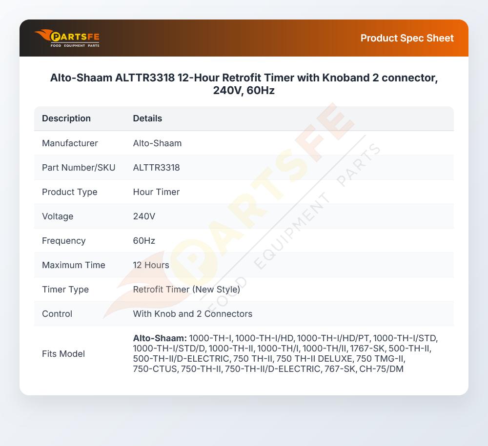 Alto-Shaam ALTTR3318 Oven Timer Retrofit Kit Knob & 2 Connector 12-Hour 240V 60Hz