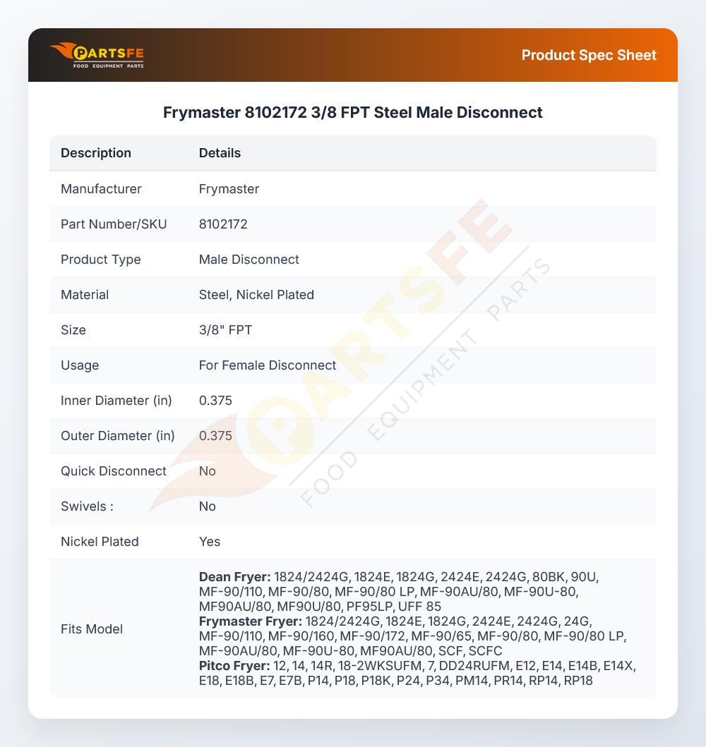 Frymaster 8102172 3/8 FPT Steel Male Disconnect