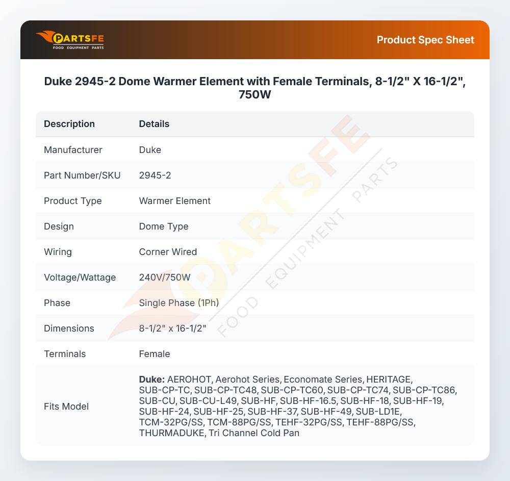 Duke 2945-2 Dome Warmer Element with Female Terminals, 8-1/2" X 16-1/2", 750W