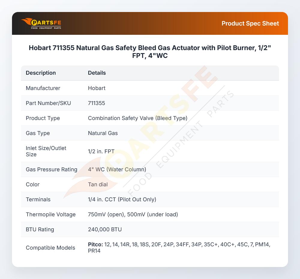 Hobart 711355 Natural Gas Valve 1/2" FPT