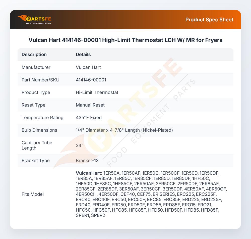 Vulcan Hart 414146-00001 High-Limit Thermostat LCH W/ MR for Fryers