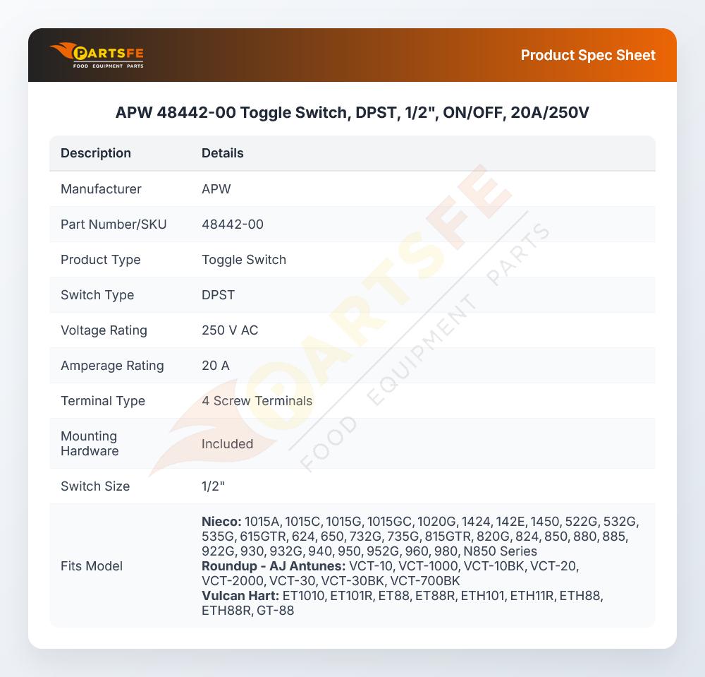 APW 48442-00 Toggle Switch DPST 1/2" 20A/250V ON/OFF