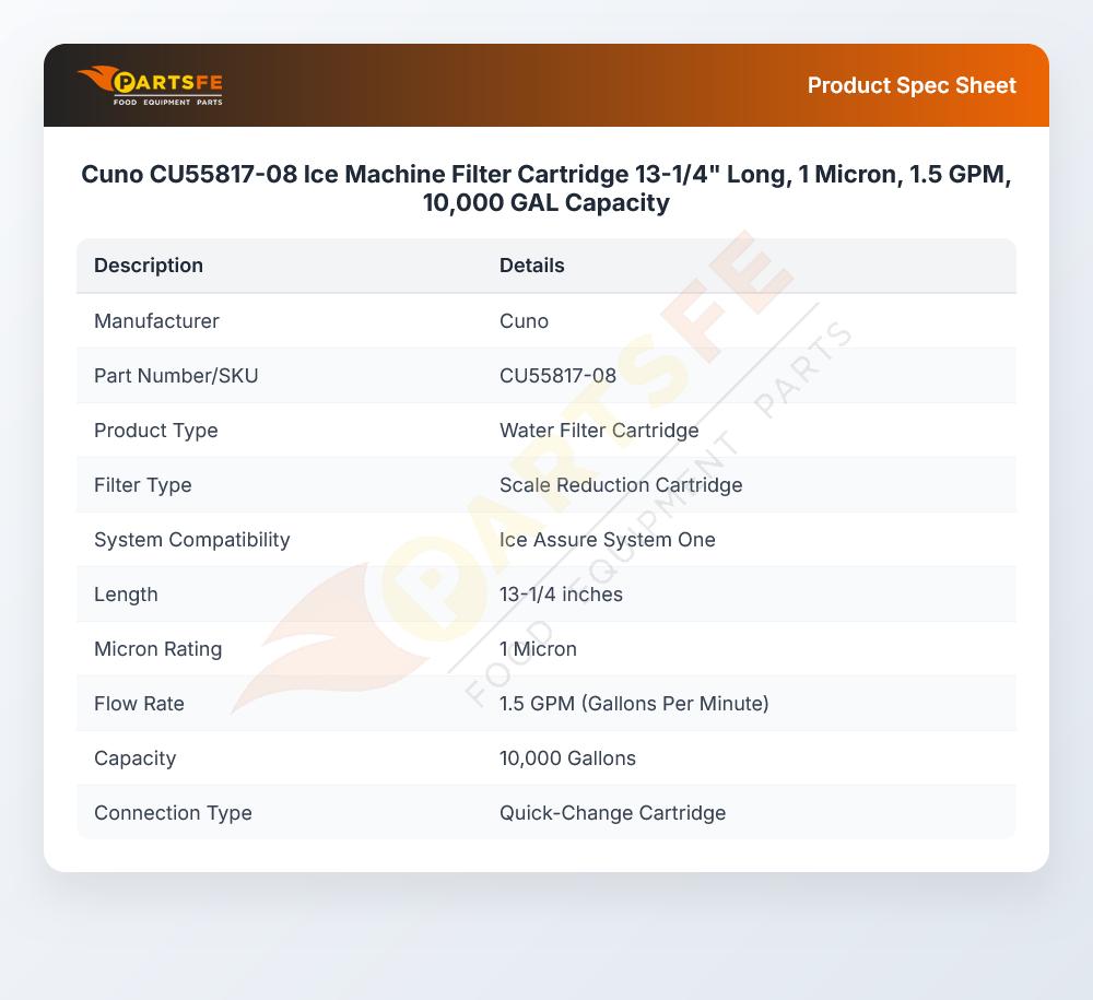 Cuno CU55817-08 Ice Machine Filter Cartridge 13-1/4" Long, 1 Micron, 1.5 GPM, 10,000 GAL Capacity