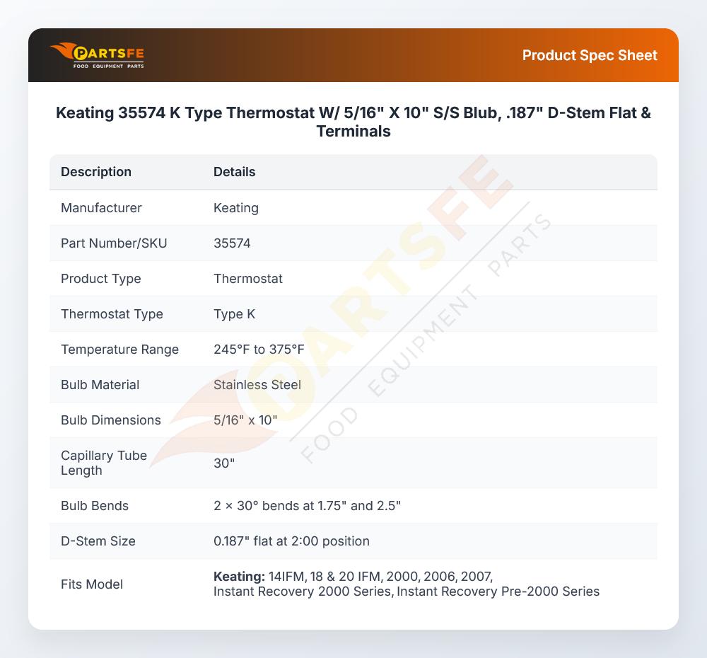 Keating 35574 Thermostat 245&deg;-375&deg;F 5/16" X 9-7/8" Bulb 30" CAP K-Type