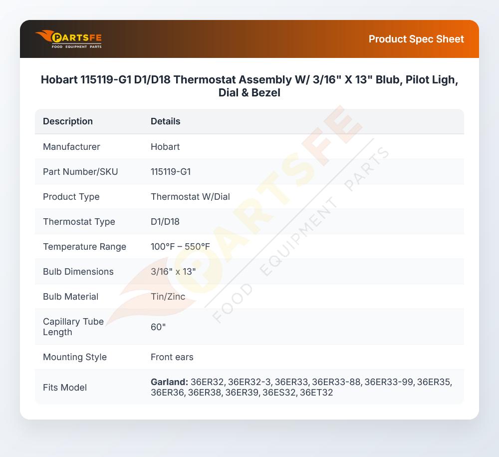 Hobart 115119-G1 Thermostat Assembly W/Dial D1/D18 3/16" X 13" Bulb 60" CAP