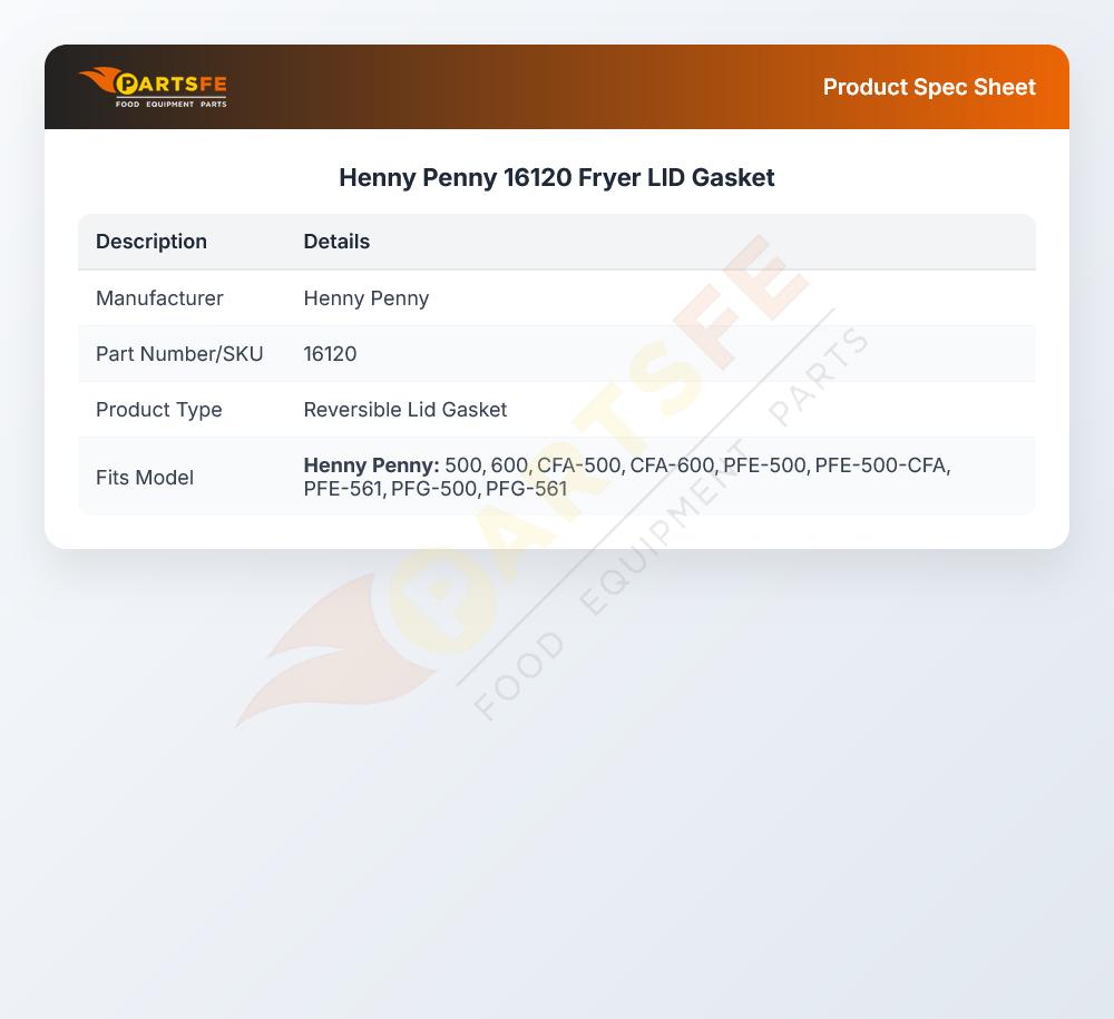 Henny Penny 16120 Fryer Lid Gasket