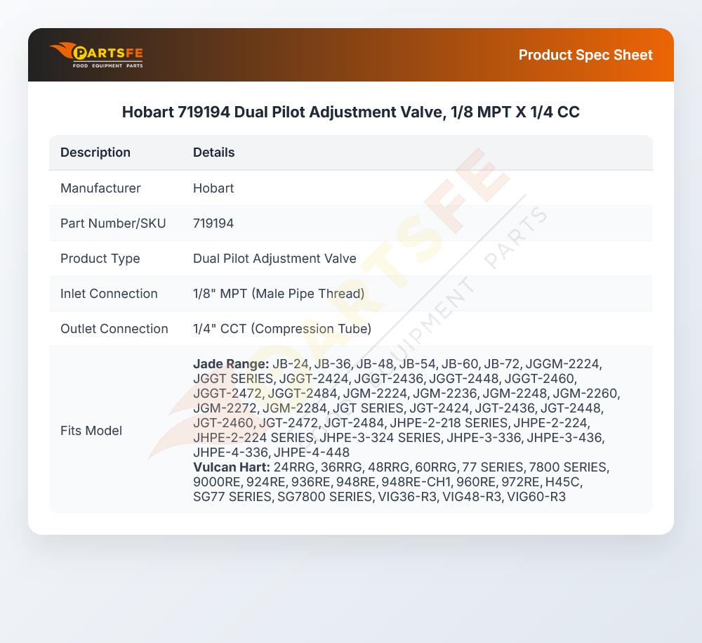 Hobart 719194 Dual Pilot Adjustment Valve, 1/8 MPT X 1/4 CC