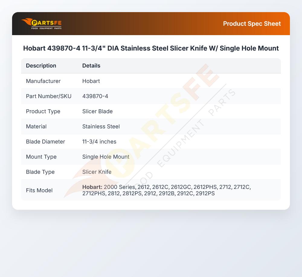 Hobart 439870-4 Knife W/Single Hole Mount 11-3/4" DIA S/S