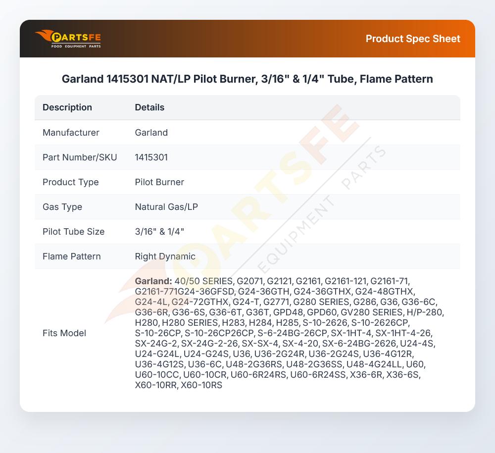 Garland 1415301 Range Pilot Burner NAT/LP Flame Pattern 3/16" & 1/4" Tube