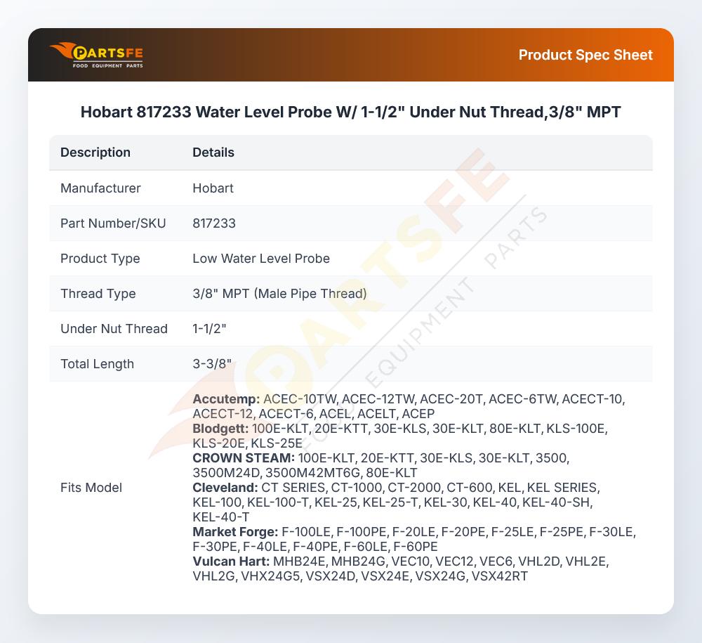Hobart 817233 Water Level Probe W/Under Nut Thread 1-1/2" 3/8" MPT