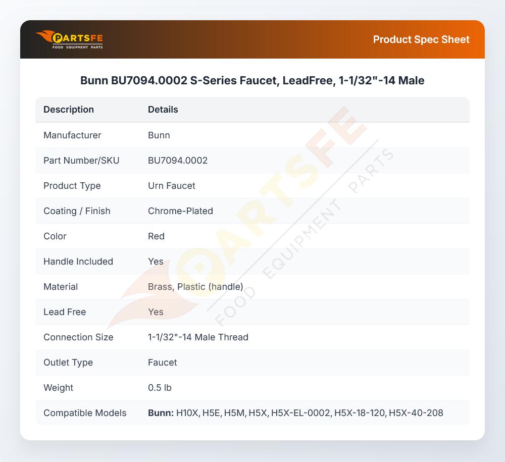 Bunn BU7094.0002 S-Series Faucet, LeadFree, 1-1/32"-14 Male