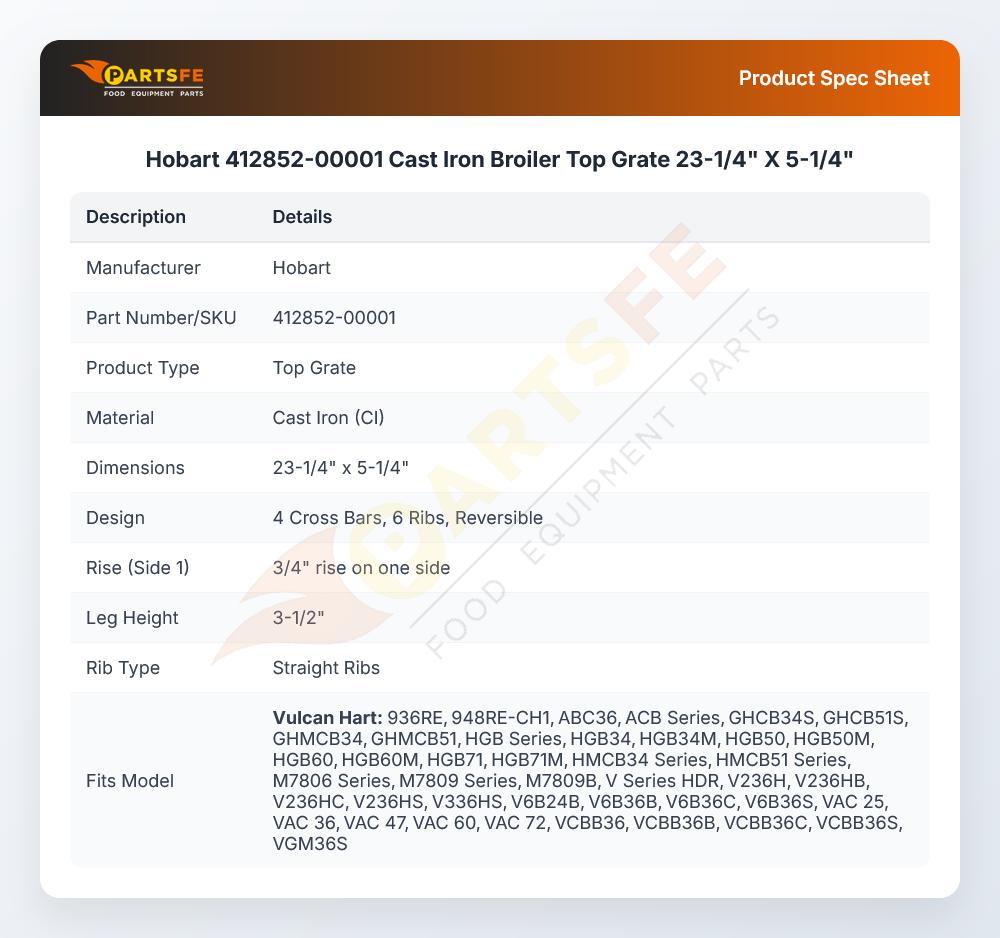 Hobart 412852-00001 Cast Iron Broiler Top Grate 23-1/4" X 5-1/4"
