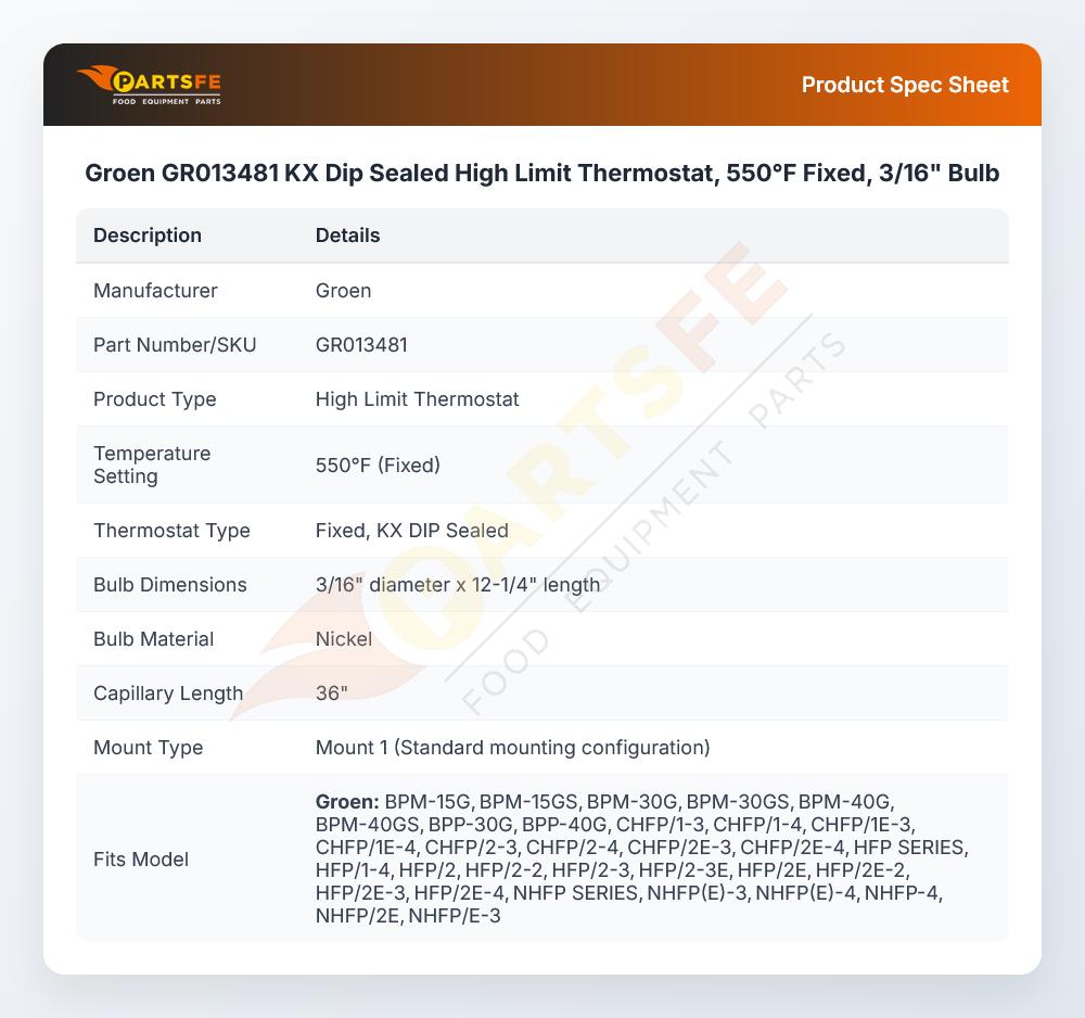 Groen GR013481 High Limit Thermostat KX 550&deg;F 3/16" X 12-1/4" Bulb 36" CAP