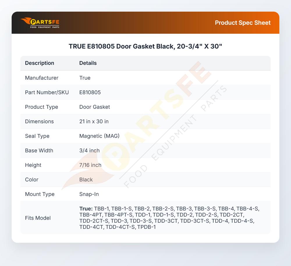 TRUE E810805 Door Gasket Black, 20-3/4" X 30"
