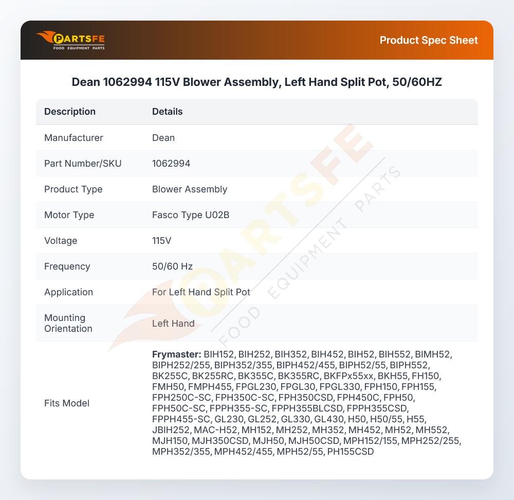 Dean 1062994 Blower Assembly 115V 50/60Hz