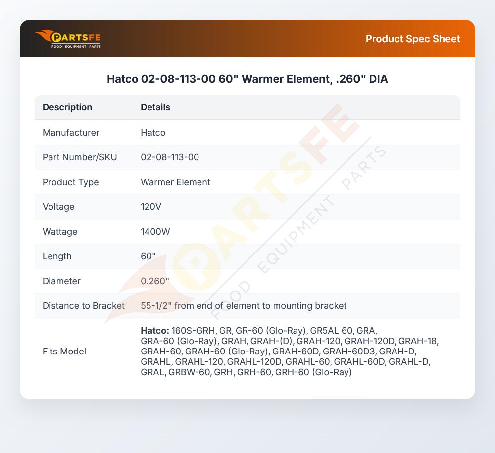 Hatco 02-08-113-00 60" Warmer Element, .260" DIA