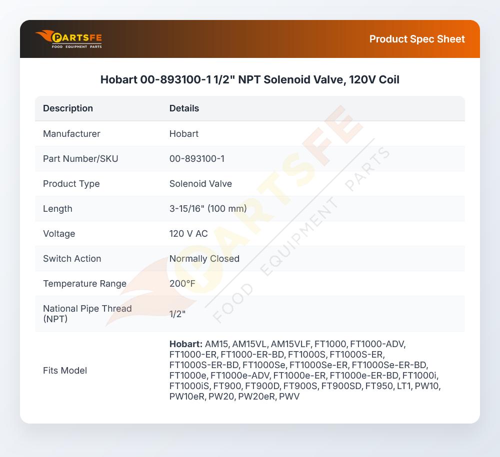Hobart 00-893100-1 Dishwasher Coil Solenoid Valve 1/2" NPT 120V