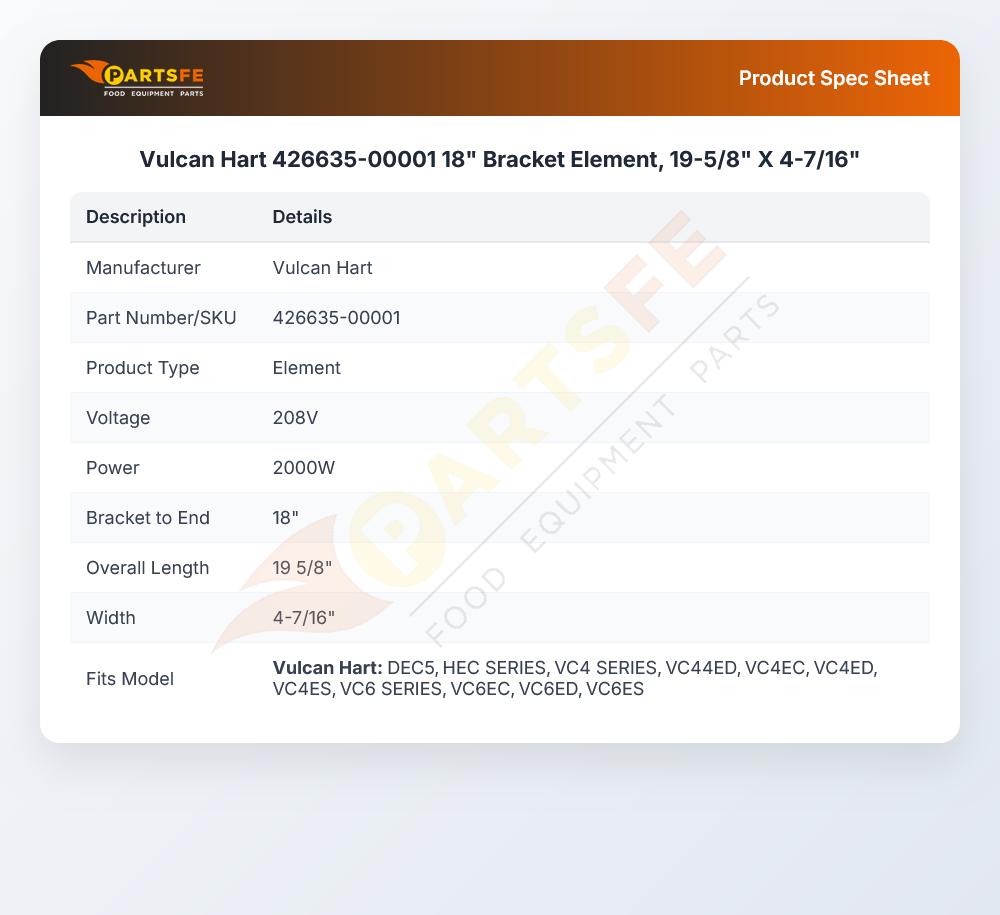 Vulcan Hart 426635-00001 18" Bracket Element, 19-5/8" X 4-7/16"