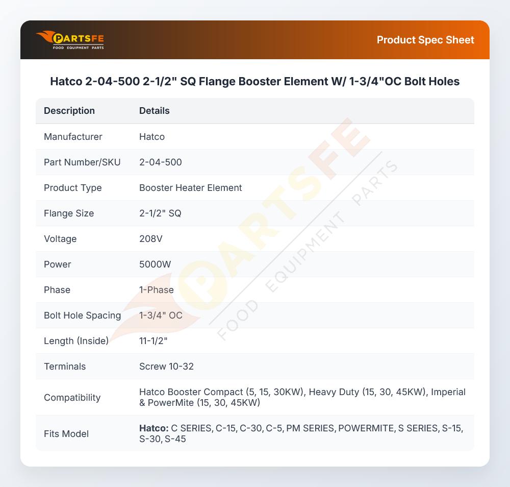 Hatco 2-04-500 2-1/2" SQ Flange Booster Element W/ 1-3/4"OC Bolt Holes
