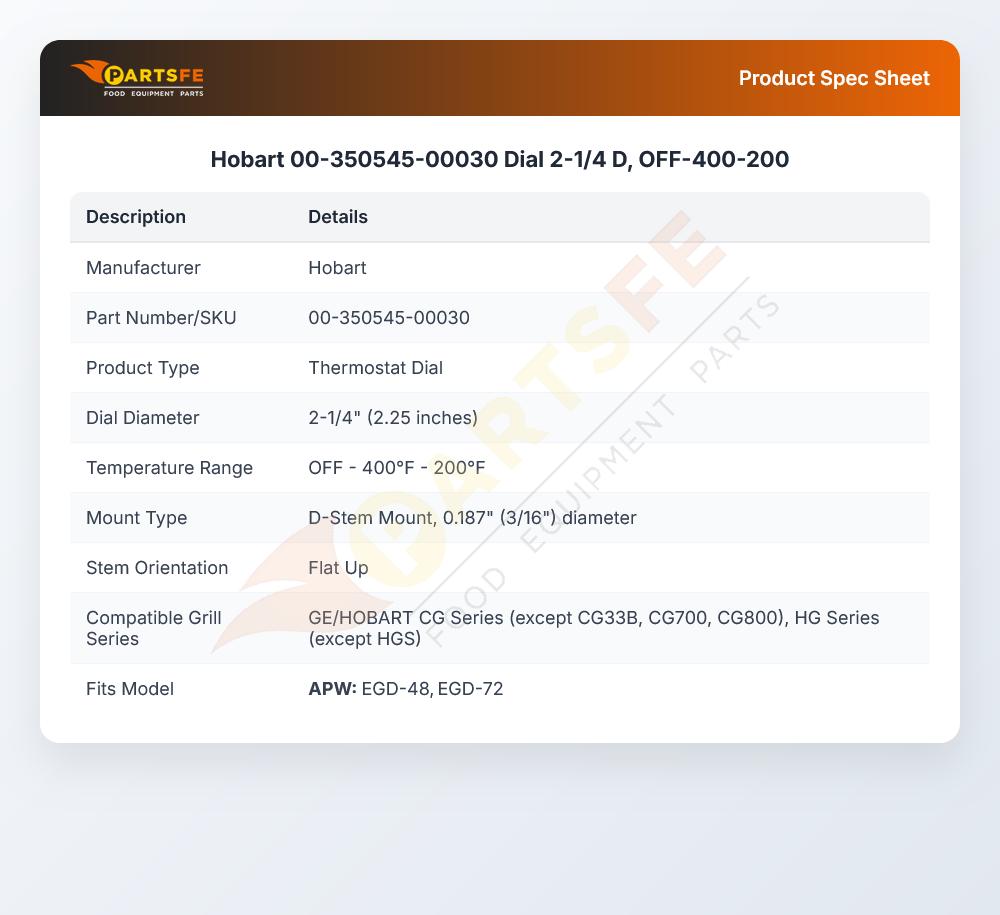 Hobart 00-350545-00030 Dial 2-1/4 D, OFF-400-200