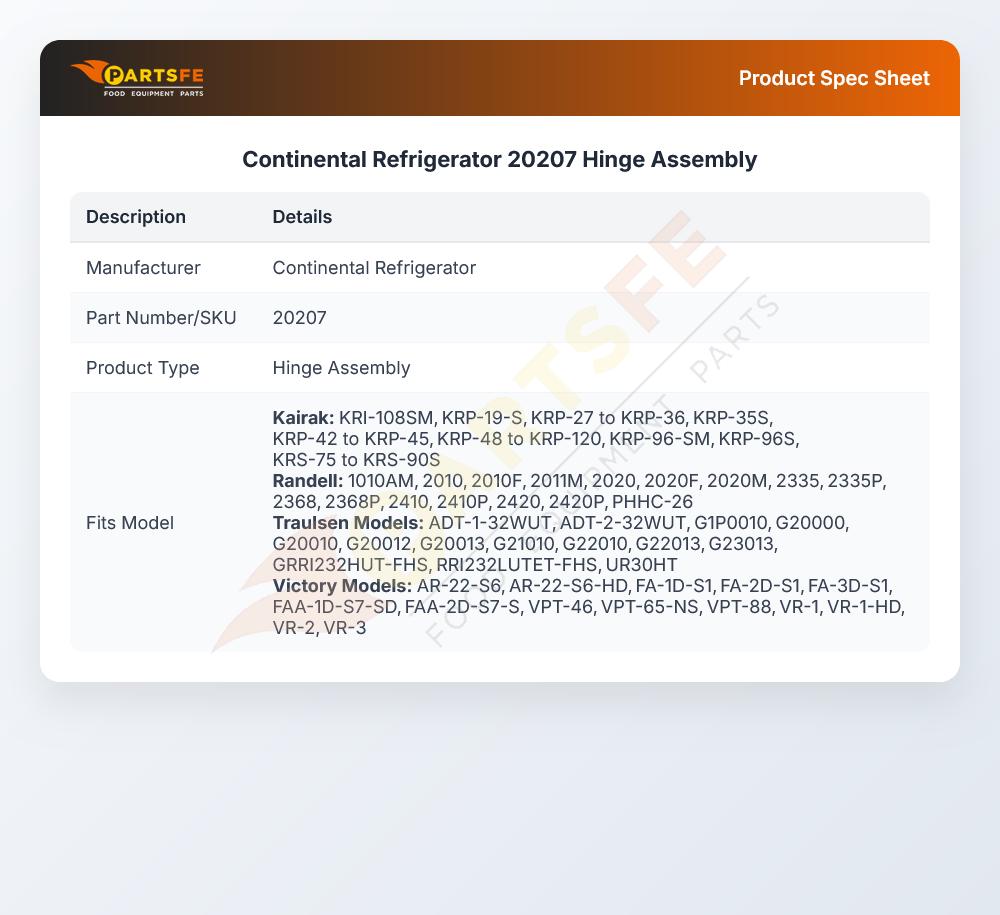 Continental Refrigerator 20207 Hinge Assembly Lift-Off