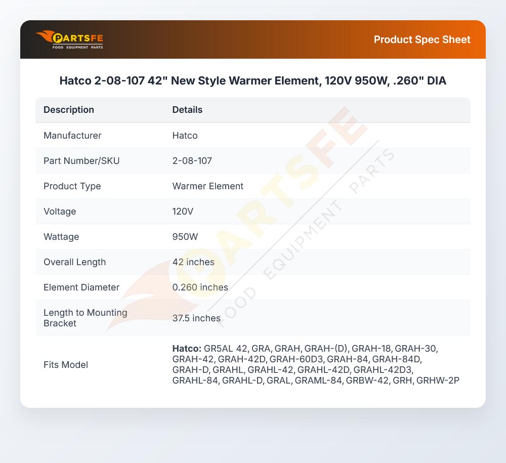Hatco 2-08-107 42" New Style Warmer Element, 120V 950W, .260" DIA