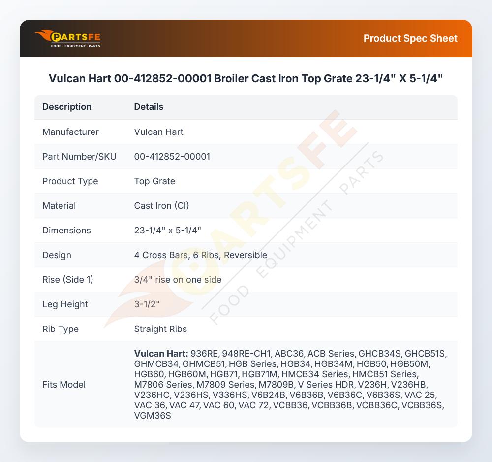 Vulcan Hart 00-412852-00001 Broiler Top Grate Cast Iron 23-1/4" X 5-1/4"
