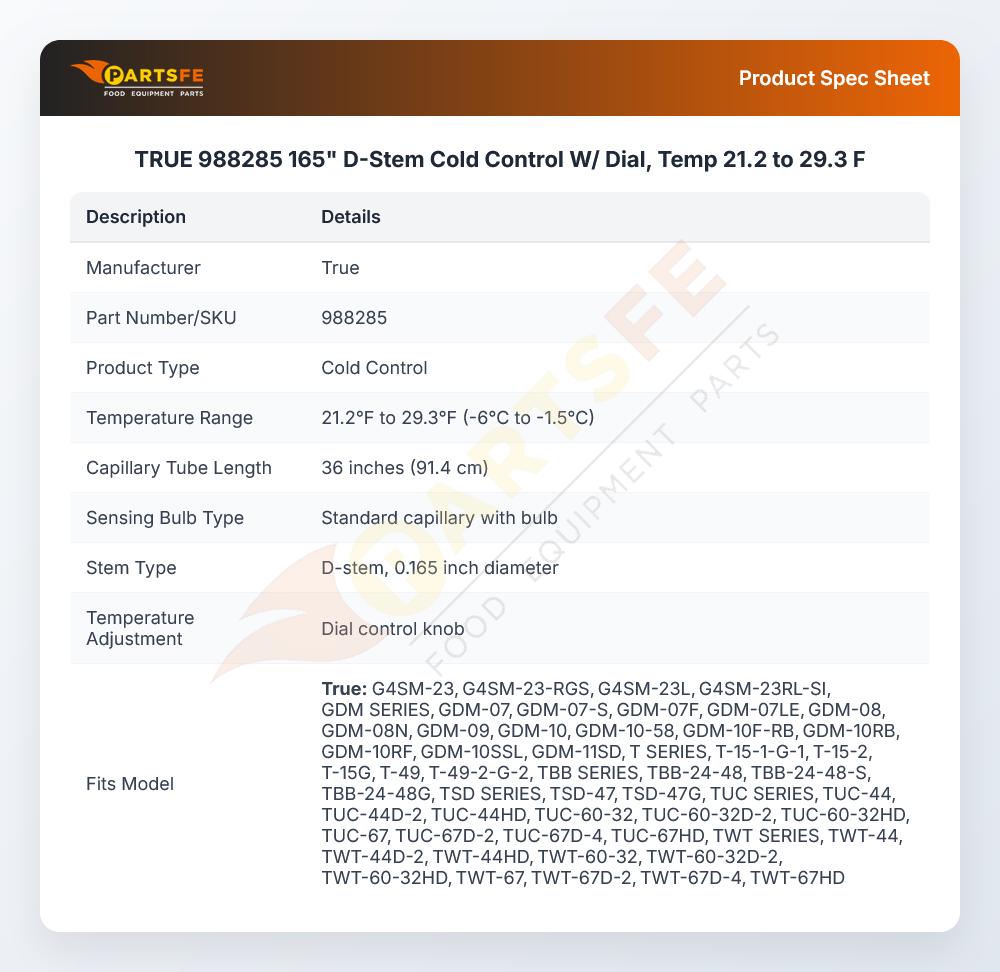 TRUE 988285 165" D-Stem Cold Control W/ Dial, Temp 21.2 to 29.3 F