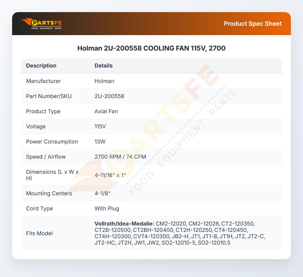Holman 2U-200558 COOLING FAN 115V, 2700