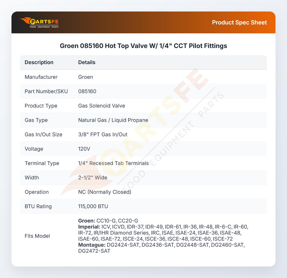Groen 085160 Hot Top Valve W/ 1/4" CCT Pilot Fittings