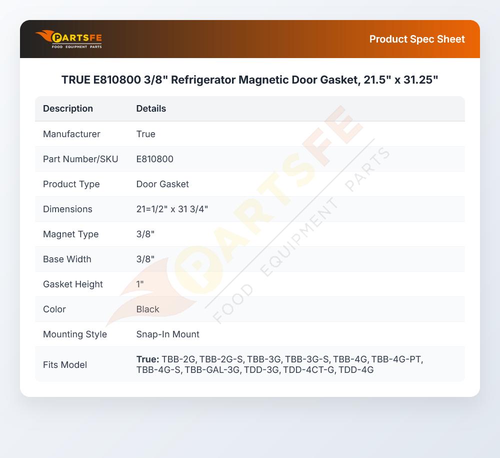 TRUE E810800 3/8" Refrigerator Magnetic Door Gasket, 21.5" x 31.25"