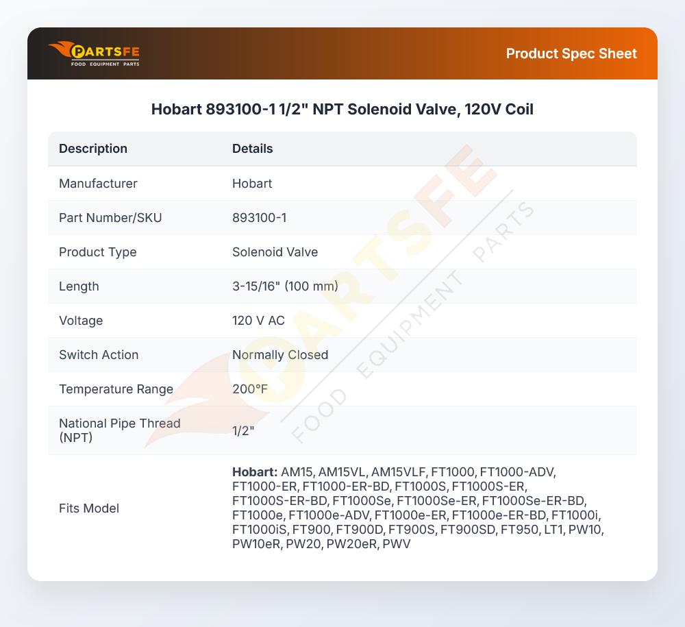 Hobart 893100-1 Dishwasher Coil Solenoid Valve 1/2" NPT 120V