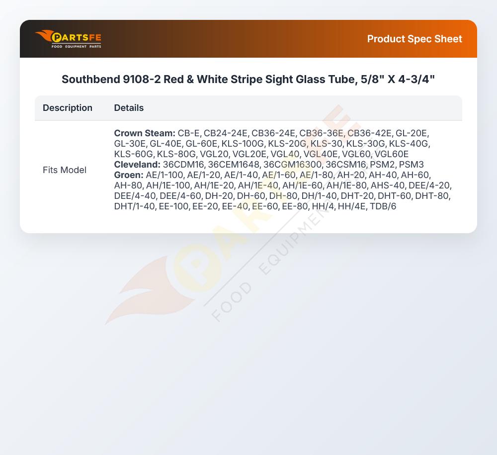 Southbend 9108-2 Red & White Stripe Sight Glass Tube, 5/8" X 4-3/4"