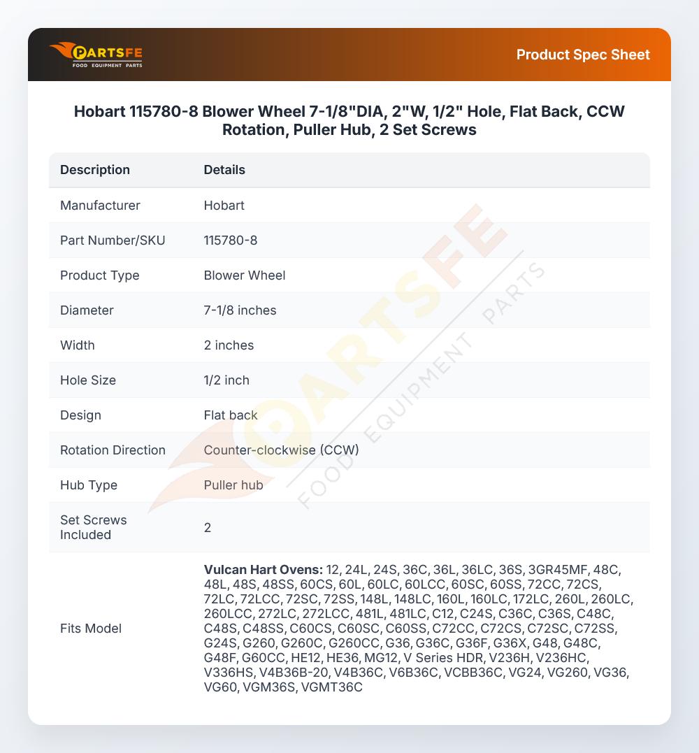 Hobart 115780-8 Blower Wheel 7-1/8"DIA, 2"W, 1/2" Hole, Flat Back, CCW Rotation, Puller Hub, 2 Set Screws