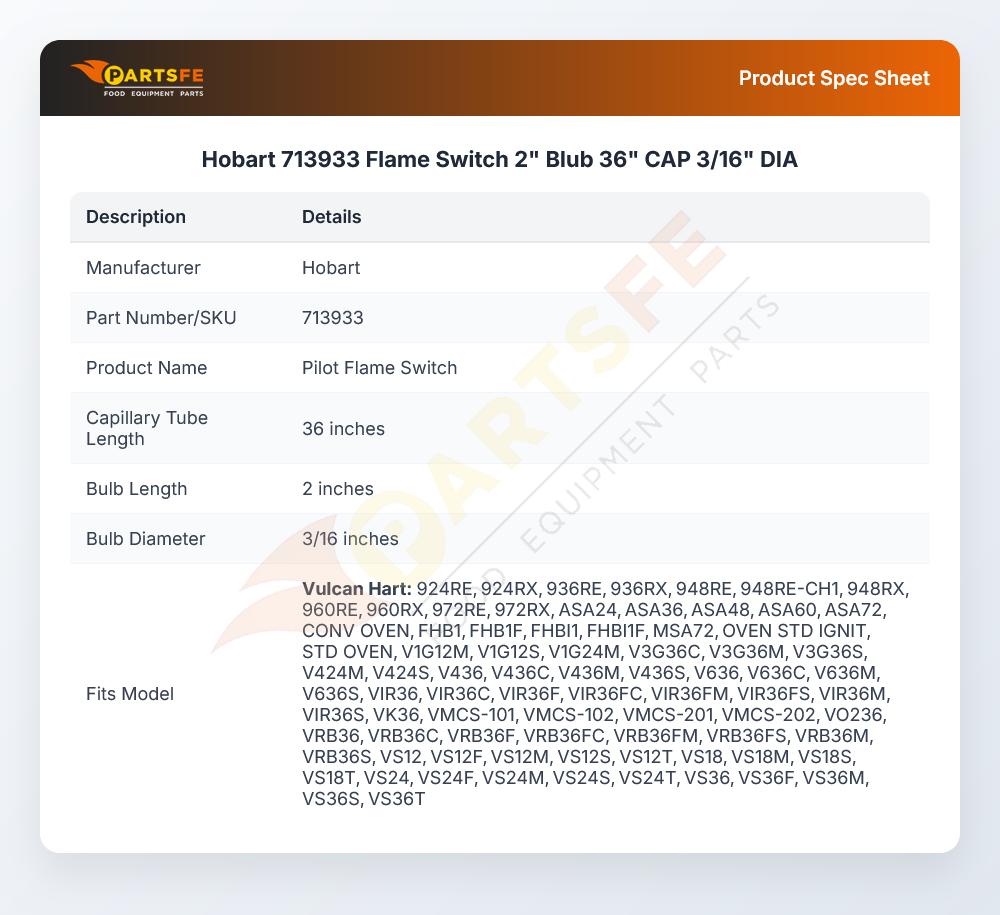 Hobart 713933 Flame Switch 2" Blub 36" CAP 3/16" DIA