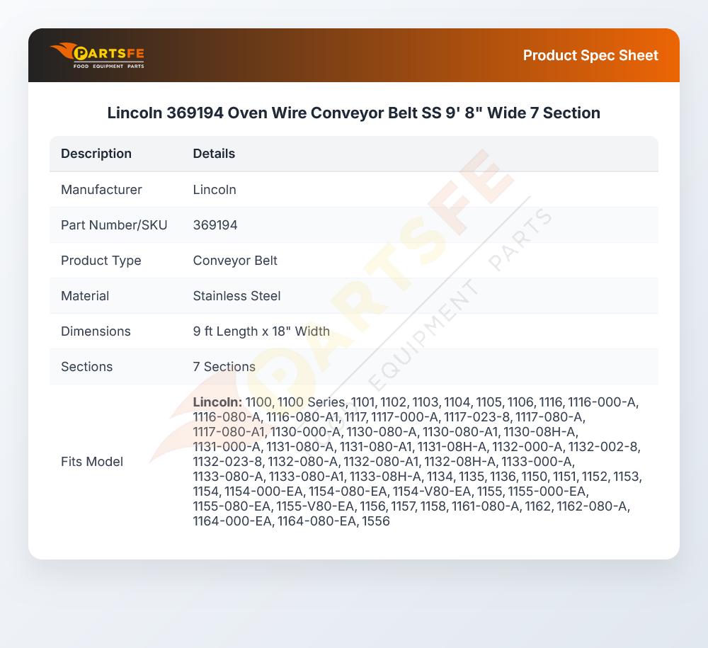 Lincoln 369194 Oven Wire Conveyor Belt Stainless Steel