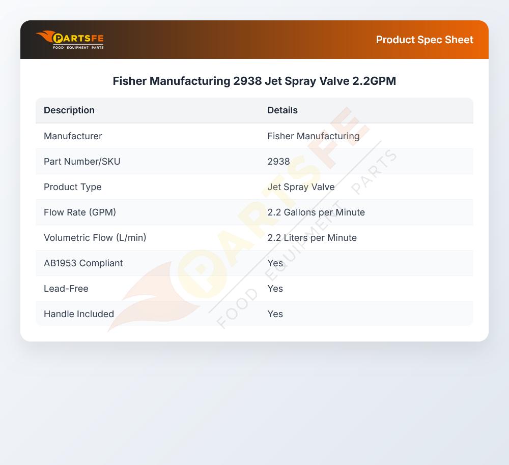 Fisher Manufacturing 2938 Jet Spray Valve 2.2GPM