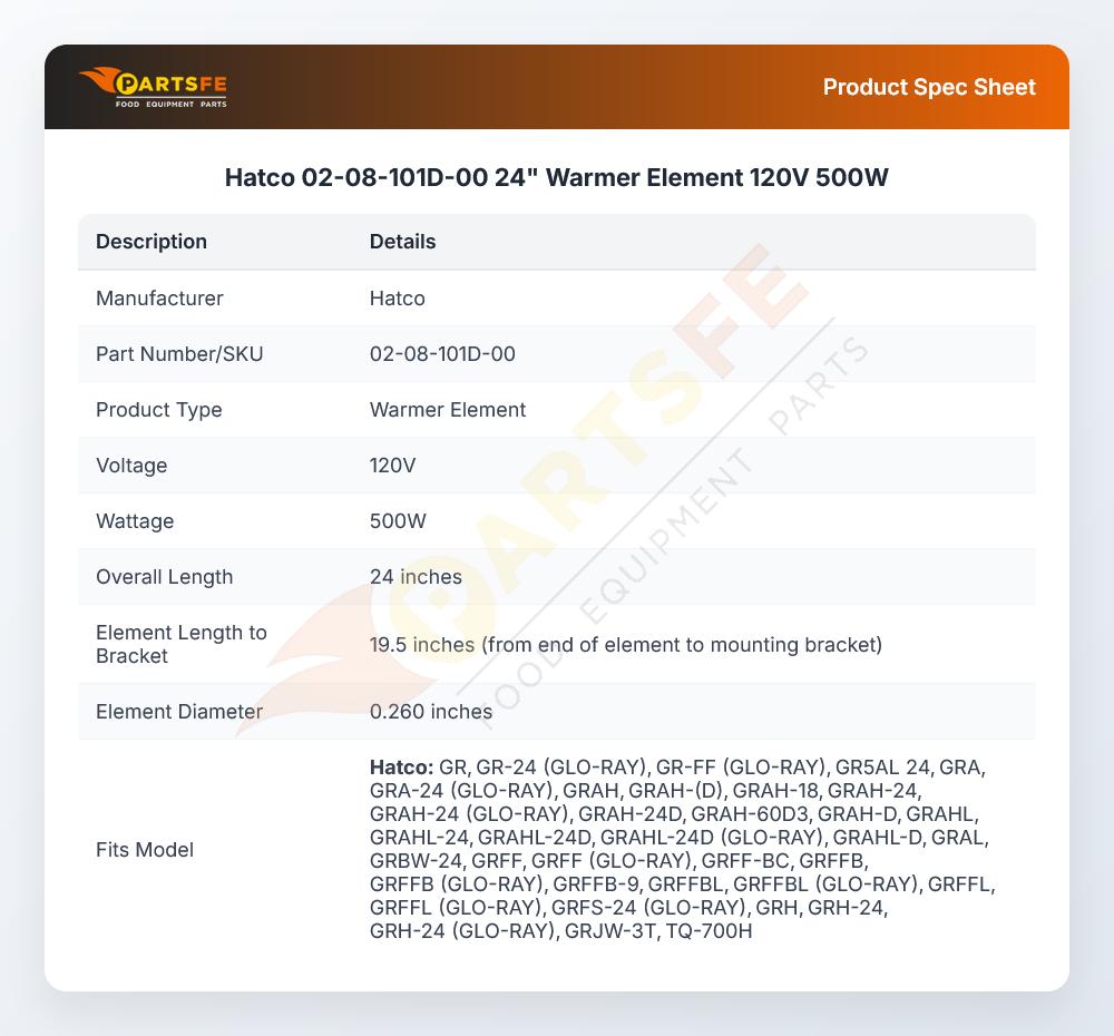 Hatco 02-08-101D-00 Warmer Element 24" 500W 120V