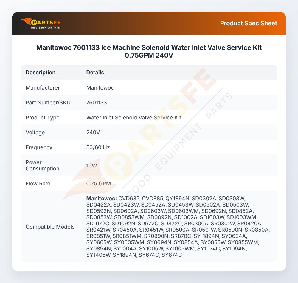 Manitowoc 7601133 Ice Machine Solenoid Water Inlet Valve Service Kit 0.75GPM 240V
