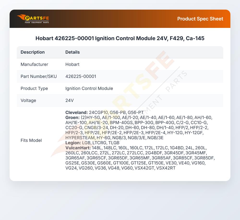 Hobart 426225-00001 Fryer Ignition Control Module 24V F429 CA-152