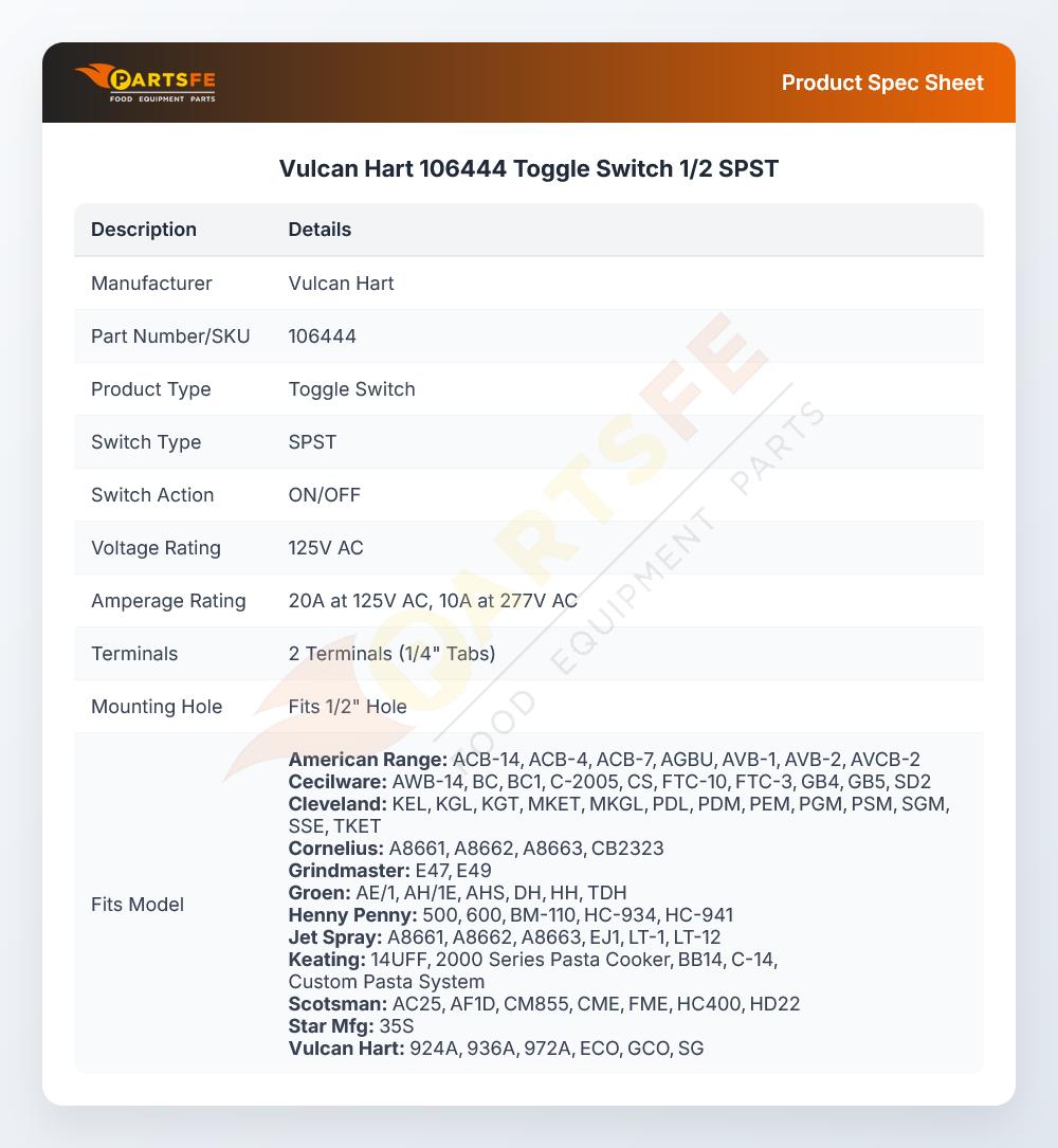 Vulcan Hart 106444 Toggle Switch 1/2 SPST