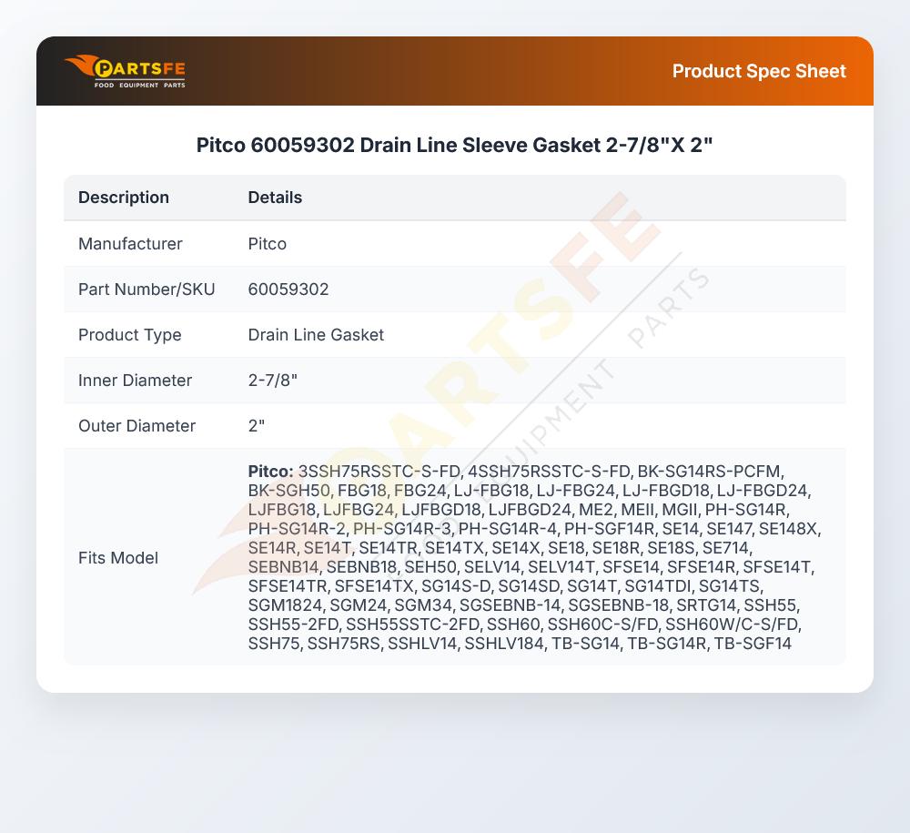 Pitco 60059302 Drain Line Sleeve/Gasket 2-7/8" X 2"
