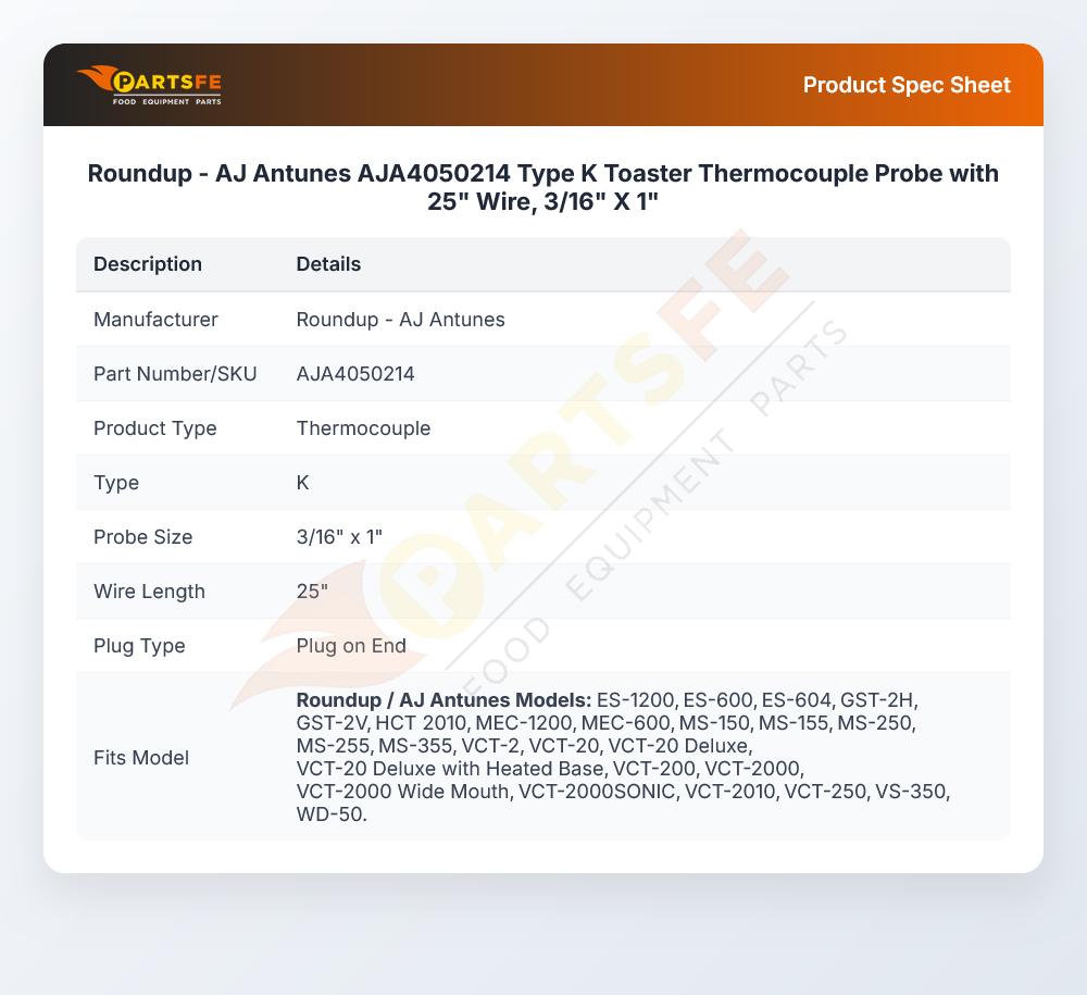 Roundup - AJ Antunes AJA4050214 Thermocouple Probe W/25" Wire 3/16" X 1" Type K