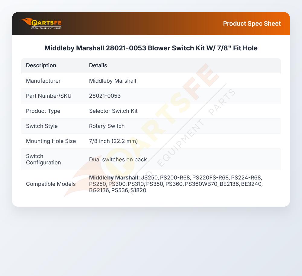 Middleby Marshall 28021-0053 Blower Switch Kit W/ 7/8" Fit Hole